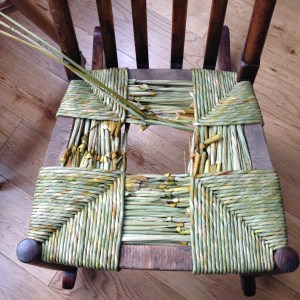 The chair coiled in Mepal Rush from 2013 Harvest and this is about half way. Working from back left corner in an anti-clockwise direction. It has proved a tad tricky because the back slats of the chair are so close together I can't fit my hands through. Also, they end below the back horizontal seat rail so there is only a narrow gap of 1cm within which I have to feed coil down and keep some tension on it. Despite this it has been a pleasure to work on today.